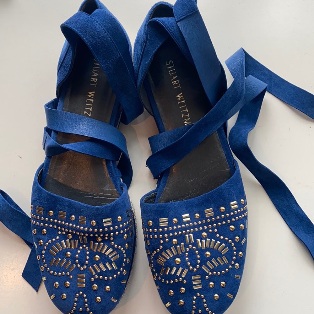 Blue studded leather ankle wrap espadrilles